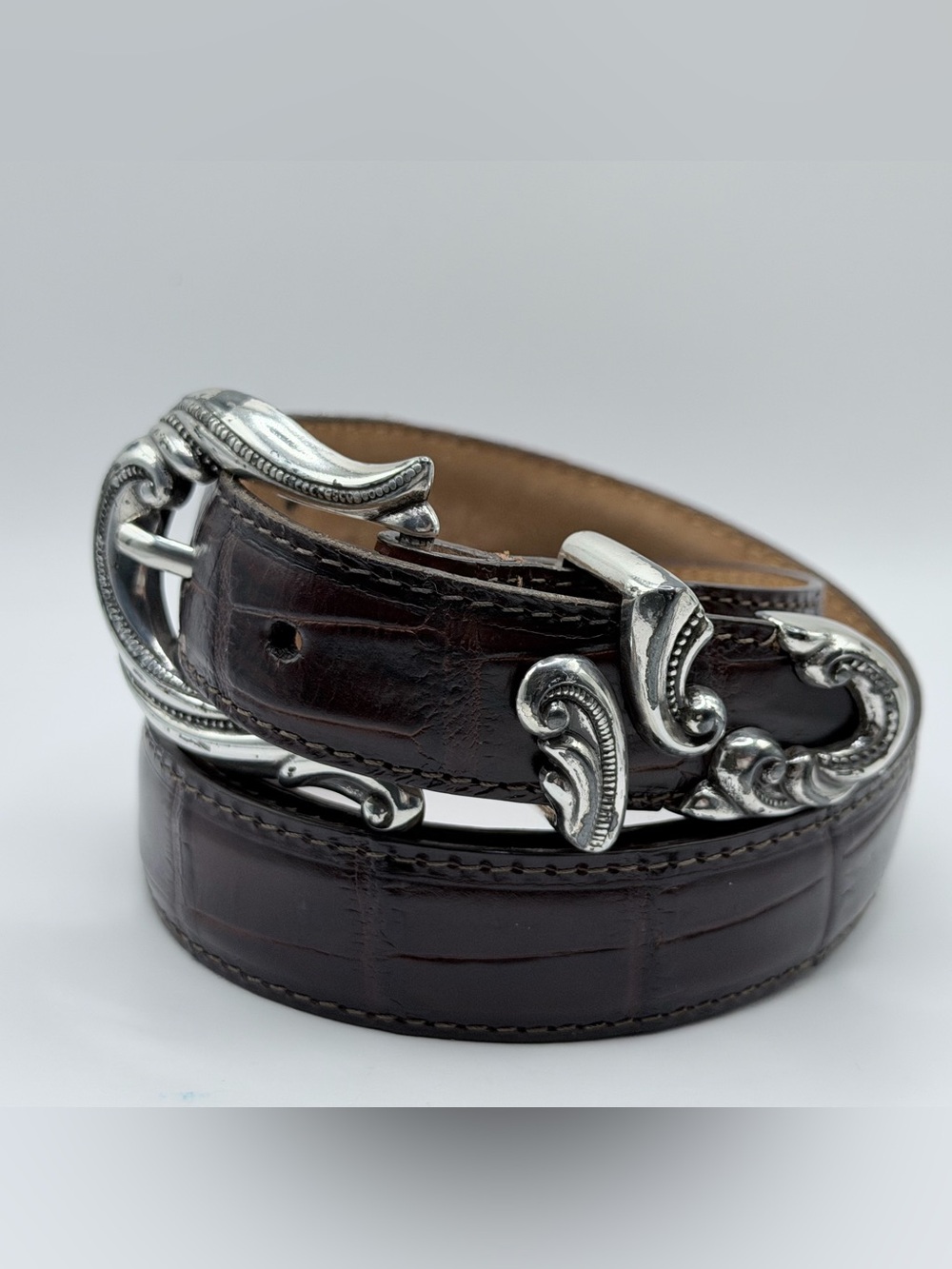 Brighton Dark Brown Leather Belt with Silver Logo Tag - Picture 3 of 9